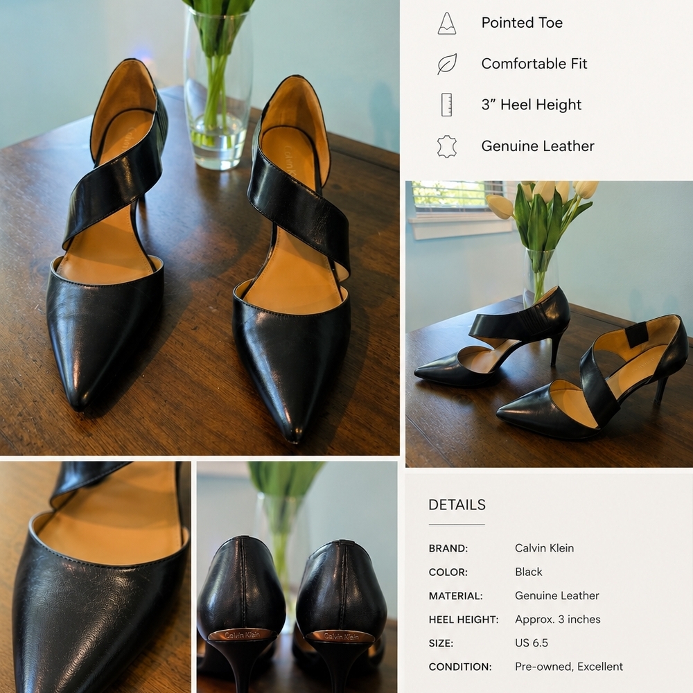 Calvin Klein Black Pointed-Toe Leather Cross-Strap Heels